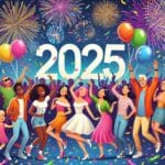 Imagen generada por IA de gente celebrando con el numero 2025 encima de esas personas