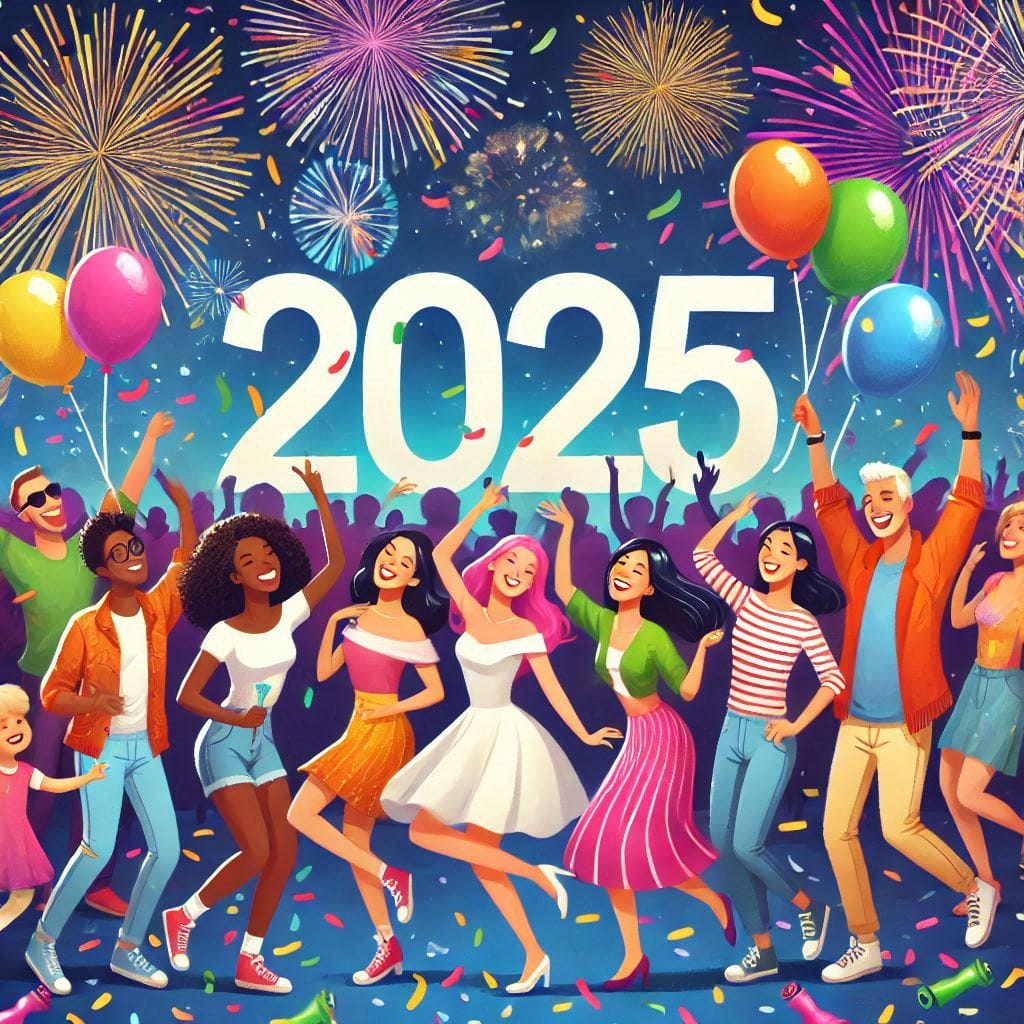 Imagen generada por IA de gente celebrando con el numero 2025 encima de esas personas